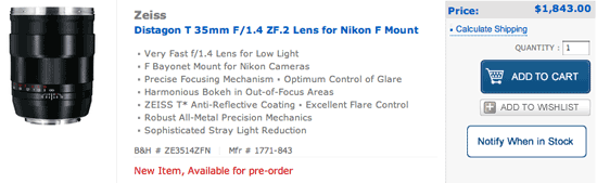 Zeiss Distagon T35mm F1.4 ZF.2 Lens Nikon F Mount Zeiss Distagon T 35mm f/1.4 ZF.2 Lens (Nikon F Mount) to start shipping in few days