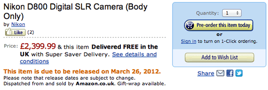 Nikon D800 pre order Amazon UK Nikon D800 updates