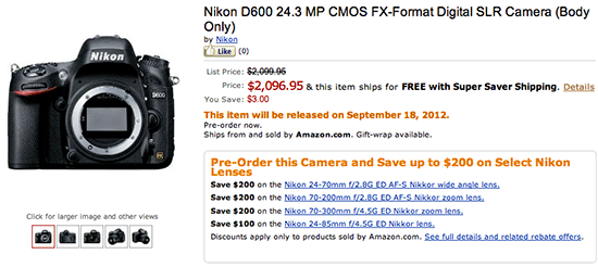 Nikon D600 pre order Amazon Nikon D600 pre order options