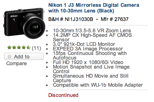 Nikon 1 J3 camera discontinued