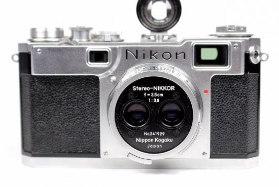 Nikon Stereo-Nikkor f:3.5 3.5cm lens attached to a Nikon S2 rangefinder camera
