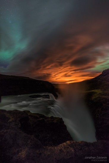 Opposing Forces Aurora over Gullfoss Waterfall Zeiss 15mm, f/2.8, 30s, ISO 1600