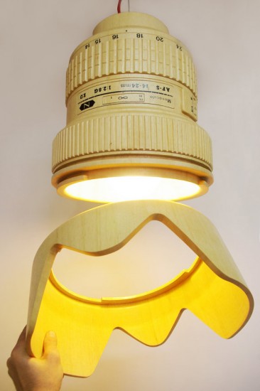 Giant wooden Nikkor lens lamp
