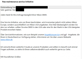 The "free maintenance service initiative” is sent only to D800, D800E