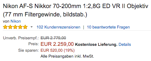 Nikkor 70-200mm f:2.8G ED VR II lens price increase Europe