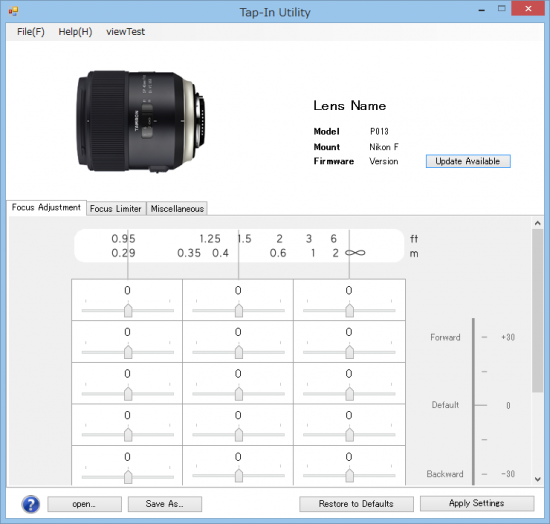Screenshot of the new Tamron TAP-in utility software