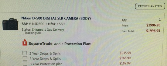 Nikon D500 shipping notification from B&H