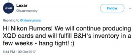 Lexar will continue producing XQD memory cards and will fulfill B&H's