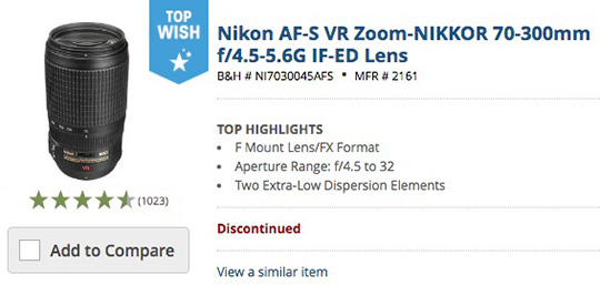 Nikon AF-S NIKKOR 70-300mm f/4.5-5.6G IF-ED VR lens listed as