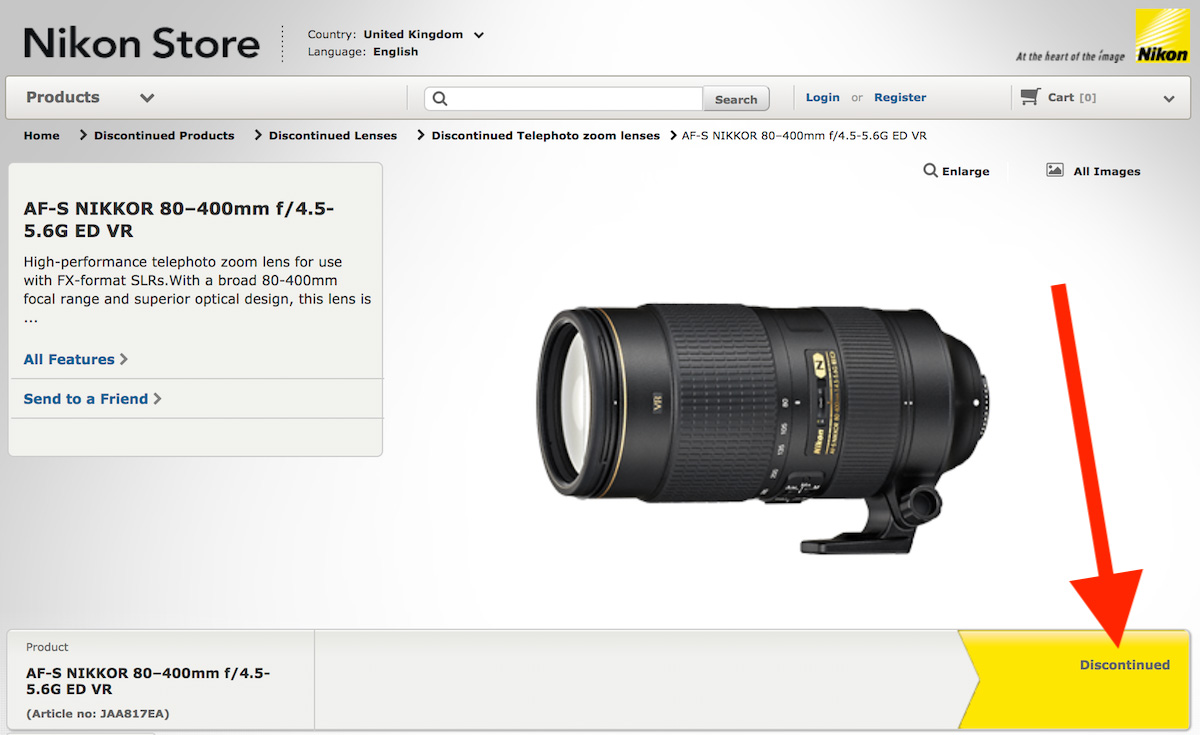 Nikon AF-S Nikkor 80-400mm f/4.5-5.6G ED VR lens listed as discontinued