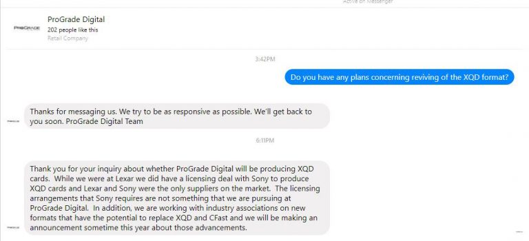 ProGrade will not manufacture XQD memory cards, Lexar is currently