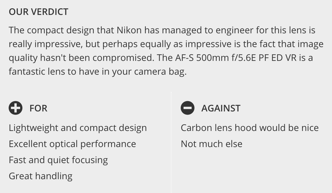 カメラ レンズ(単焦点) More Nikon AF-S NIKKOR 500mm f/5.6E PF ED VR lens reviews - Nikon 