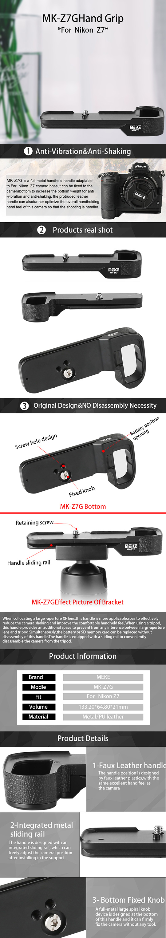 Skidproof Kamerahalterung Halter Base Handgriff 143 Meike MK-Z7G Aluminiumlegierung Handgriff für Nikon Z6 Z7 Kamera 