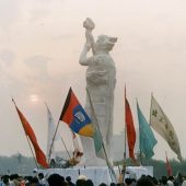 The Goddess of Democracy statue, built by students from the Central Academy of Fine Arts, assembled in Tiananmen Square in late May, 1989.
