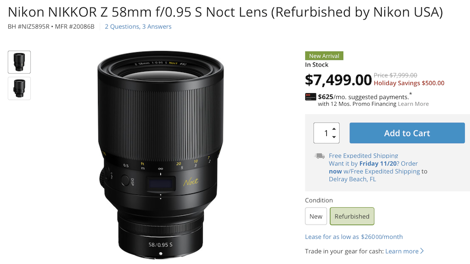 Refurbished Nikon NIKKOR Z 58mm f/0.95 S Noct lens is now 500 off