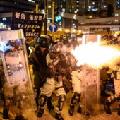 Hong Kong riot police firing tear gas during clashes with protesters, August 2019 / Z6, 35mm, f1.8, ISO 5000