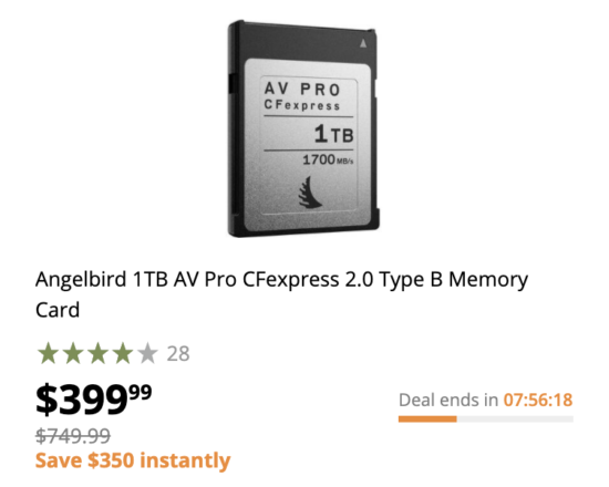 Ends tonight: Angelbird 1TB AV Pro CFexpress 2.0 Type B memory