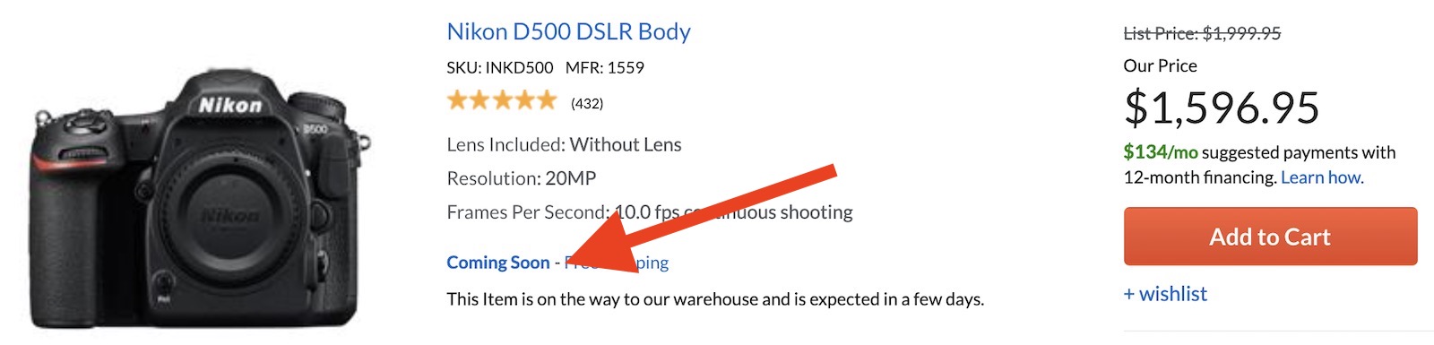 Nikon D500 camera listed as discontinued or out of stock at major