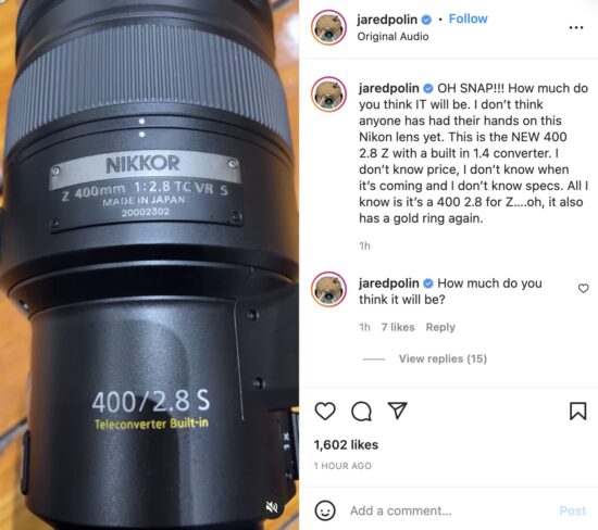 Jared Polin has the upcoming Nikon NIKKOR Z 400mm f/2.8 TC VR S mirrorless lens for Z-mount
