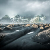 The classic view of the Vestrahorn as seen from Stokksnes beach. Nikon D850, 14–24mm at 14mm, ISO 100, 1/80s at f/10.