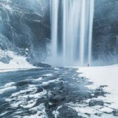 Early morning at Skógafoss during the winter, using the Skógá river as a leading line. Nikon D850, 20mm, ISO 64, 25s at f/13, tripod, BP X4 6-stop CPL.