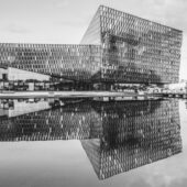 he front facade of the Harpa Concert Hall in central Reykjavík. Nikon D850, 14–24mm at 14mm, ISO 100, 1/80s at f/8