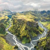 An exposure bracketed, 40 image panorama of one of Þórsmörk’s many stunning canyons. DJI P4P, 24mm, ISO 100, various at f/4.5, CPL