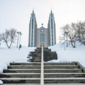 There is lots of symmetry to be found at Akureyrarkirkja, especially after snowfall. Nikon D850, 20mm, ISO 100, 1/100s at f/13