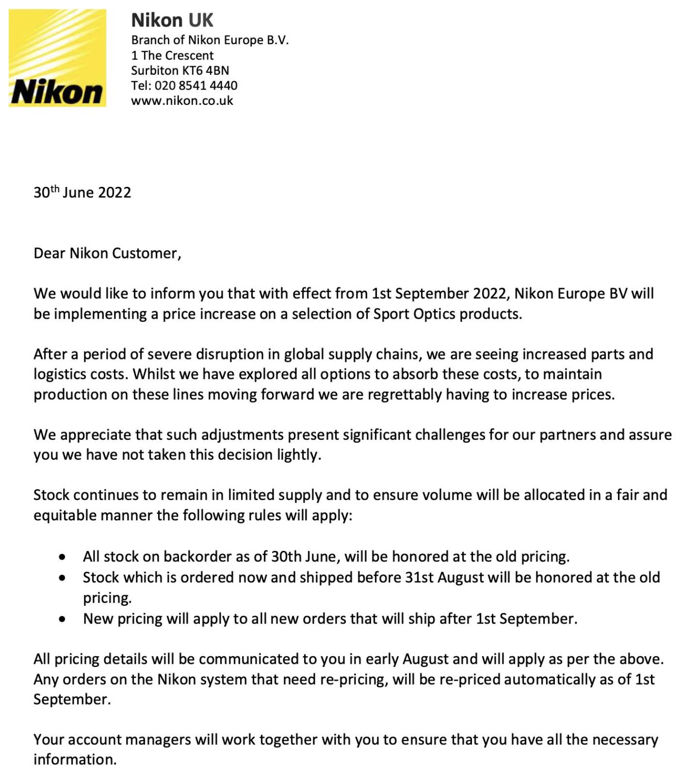 Nikon Europe Sports Optics price increase Nikon Rumors