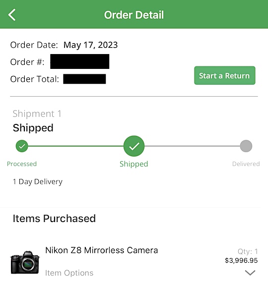 Nikon Z8 camera ordered from B&H on May 17th was shipped on June 5th.