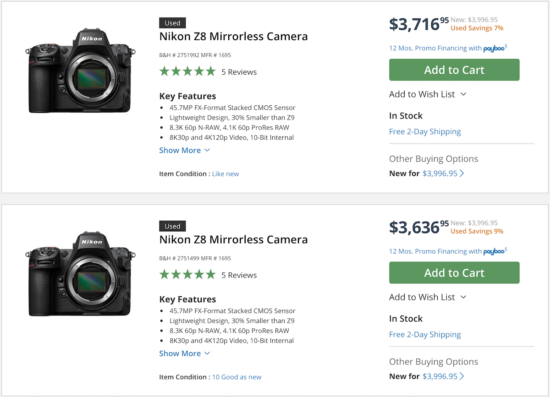 Used Nikon Z8 cameras already listed at B&H Photo (up to 9% or $360 off)