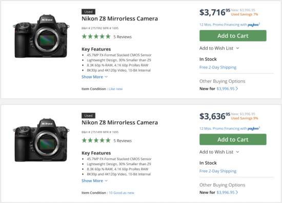 Used Nikon Z8 cameras already listed at B&H Photo (up to 9% or $360 off) -  Nikon Rumors