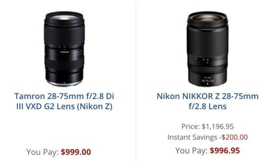 The new Tamron 28-75mm f/2.8 Di III VXD G2 lens is NOT identical to the existing Nikon NIKKOR Z 28-75mm f/2.8 lens