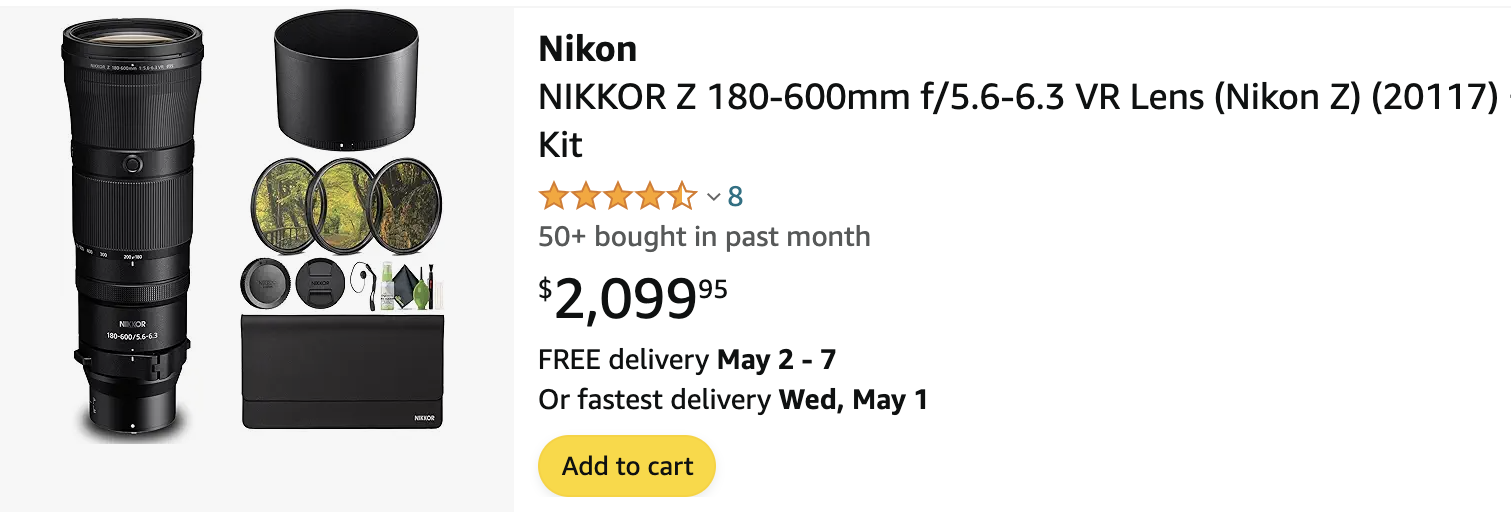 Used grey market Nikon NIKKOR Z 180600mm f/5.66.3 VR lens listed for