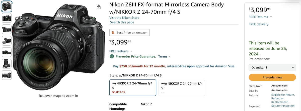 Nikon Z6 III + 24-70mm f/4 S lens kit pre-orders open again at Amazon ...
