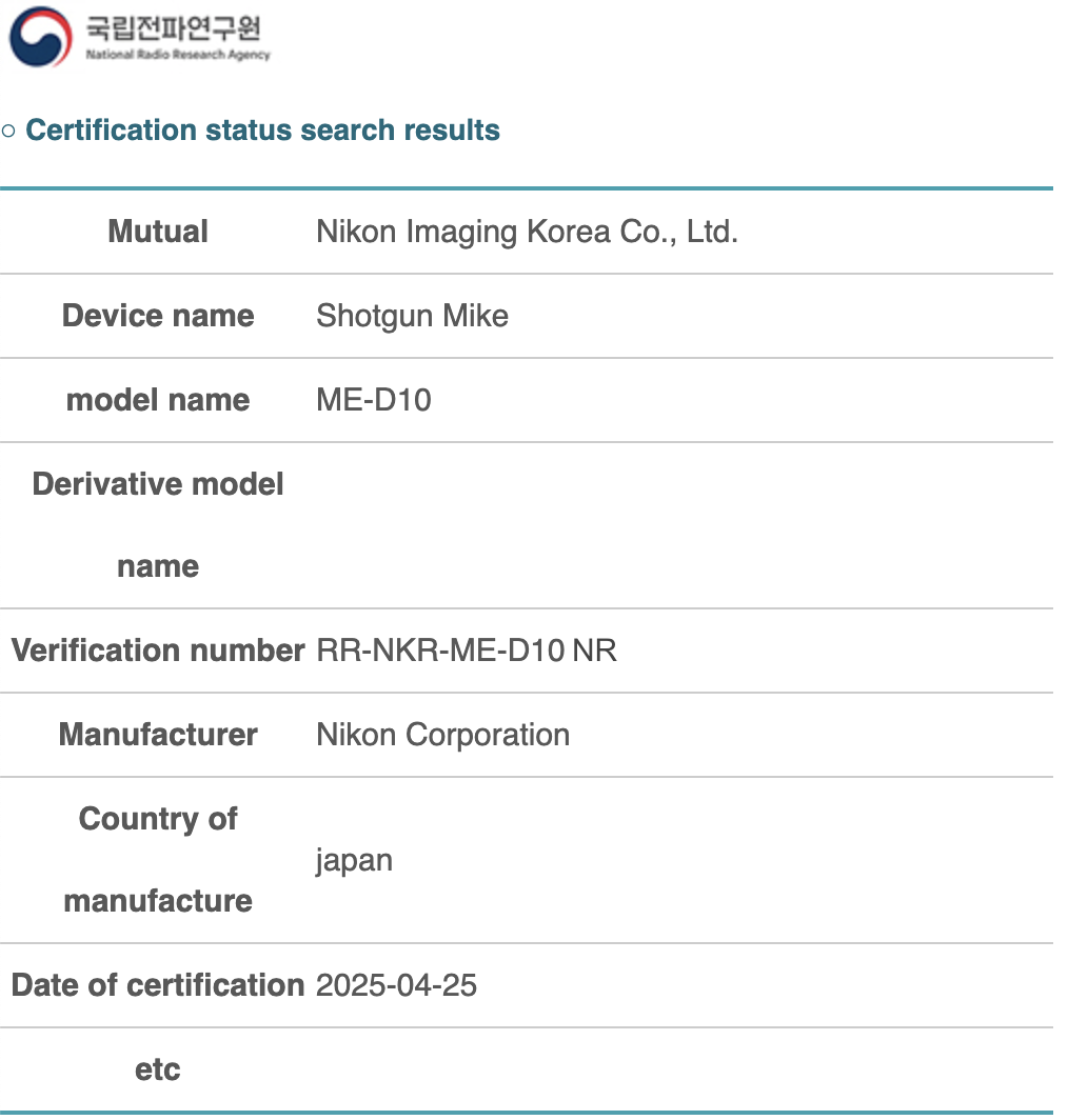 New Nikon ME-D10 shotgun microphone registered in Korea