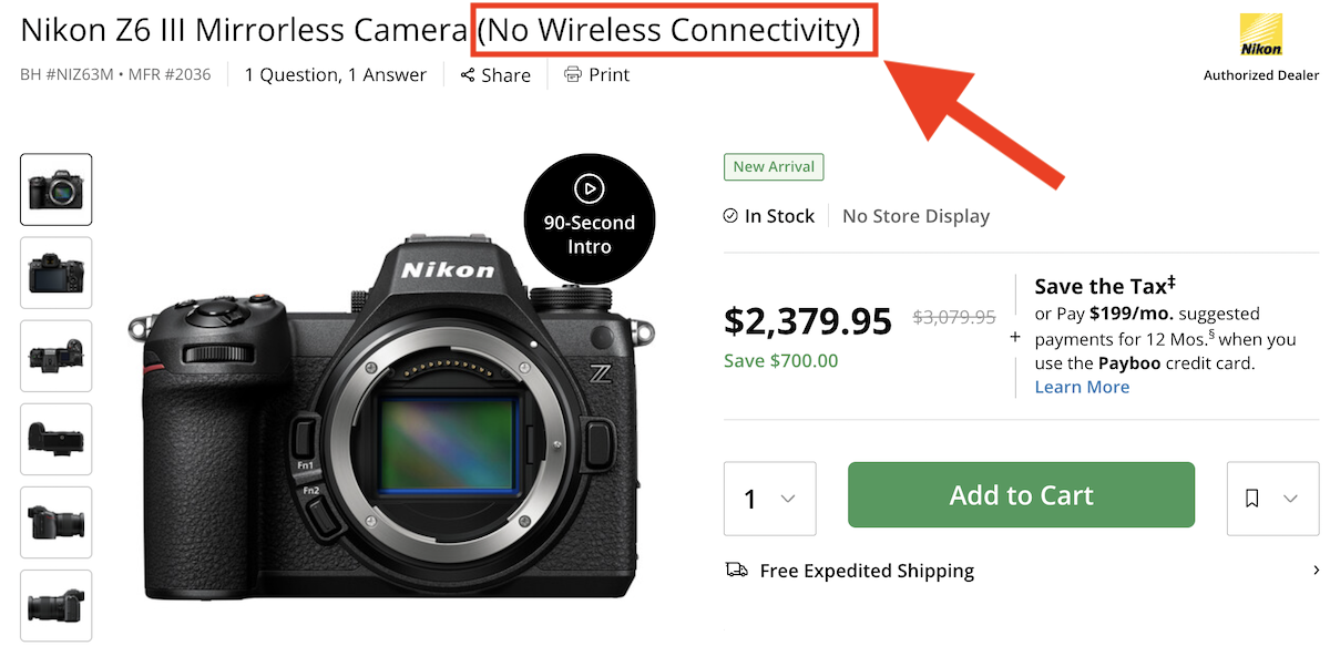 Nikon is selling a Z6 III camera with no wireless connectivity for